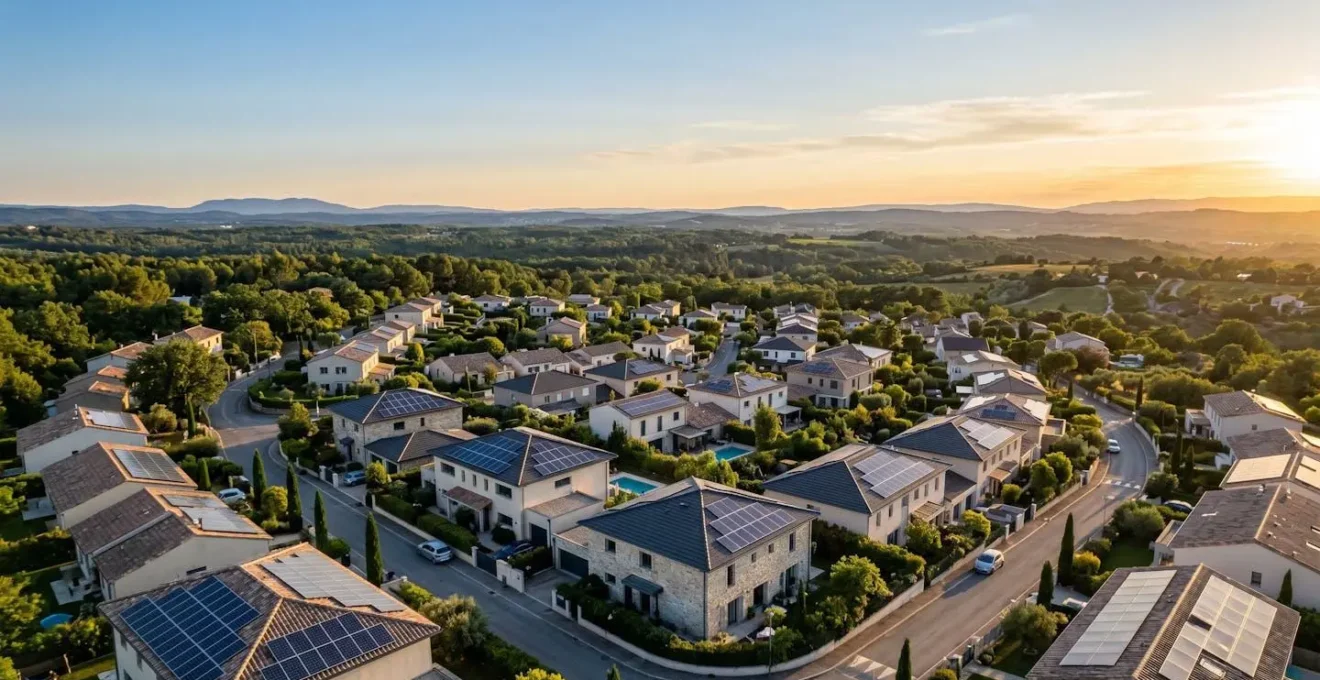 Vue aérienne d'un quartier résidentiel français avec panneaux solaires photovoltaïques sur les toitures, symbolisant le partage local d'électricité entre voisins