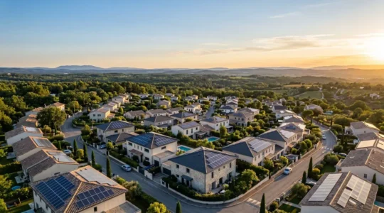 Vue aérienne d'un quartier résidentiel français avec panneaux solaires photovoltaïques sur les toitures, symbolisant le partage local d'électricité entre voisins