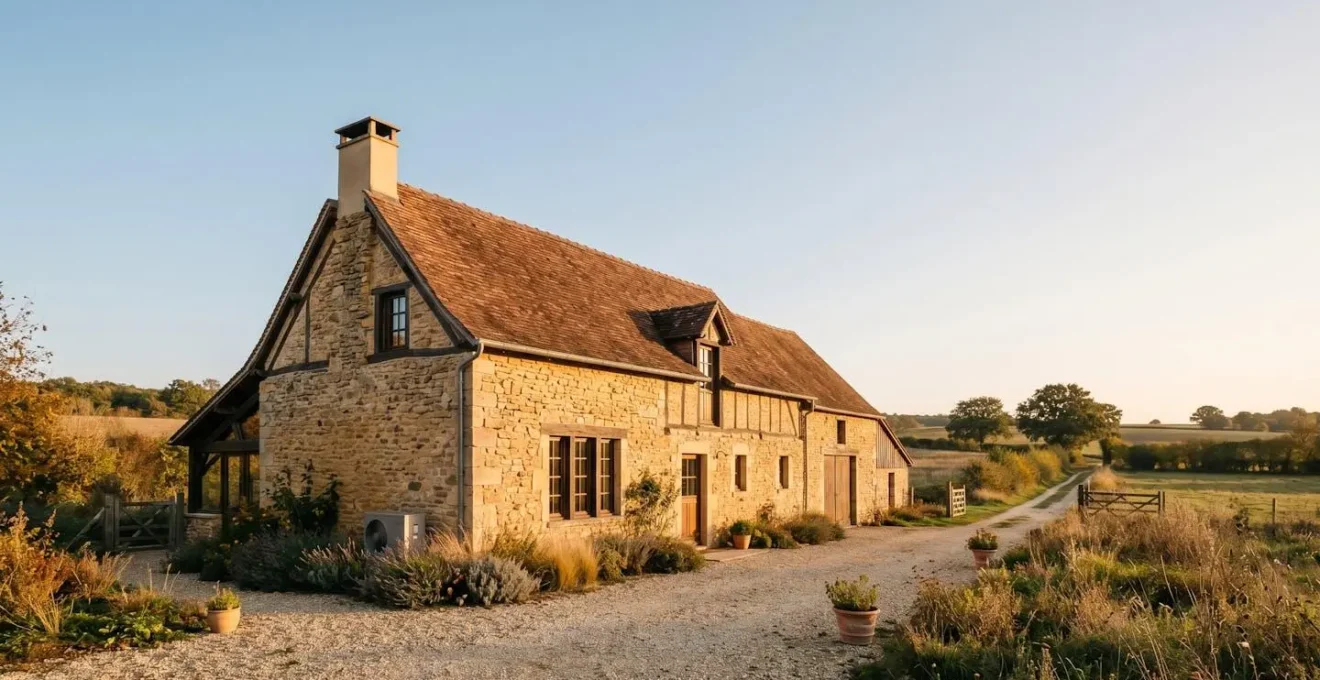 Ferme rénovée française avec système de chauffage moderne et environnement rural authentique