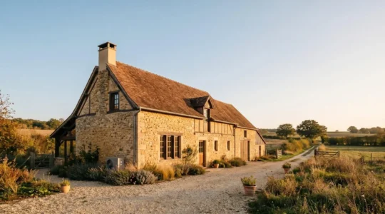 Ferme rénovée française avec système de chauffage moderne et environnement rural authentique