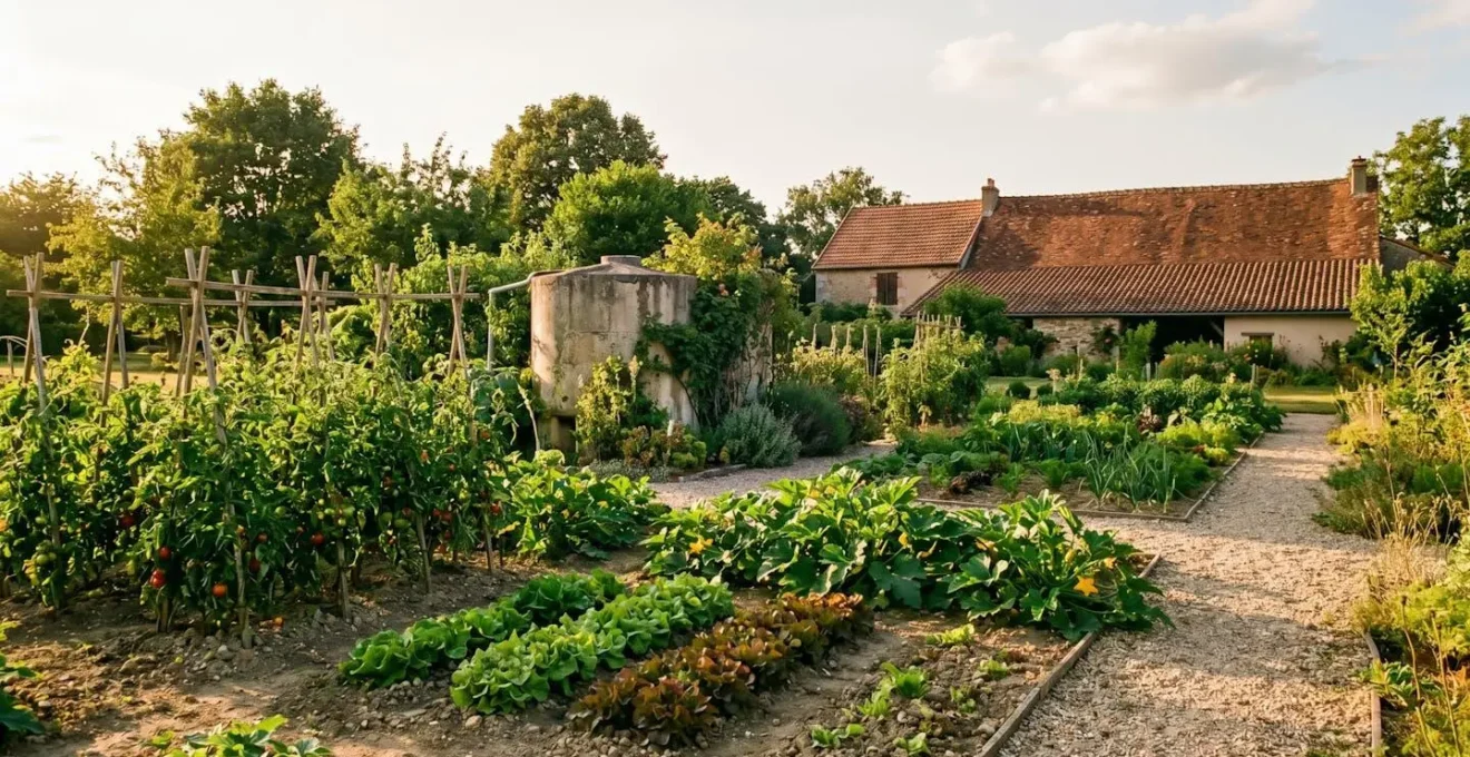 Jardin potager français en été avec système de récupération d'eau de pluie et légumes verdoyants