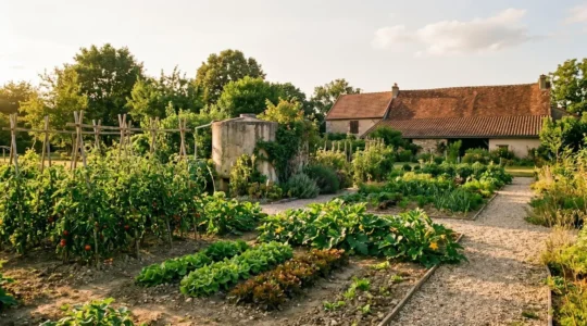 Jardin potager français en été avec système de récupération d'eau de pluie et légumes verdoyants