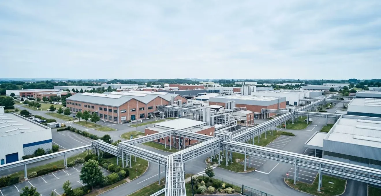 Vue aérienne d'une zone d'activité industrielle française avec réseaux de tuyauteries et synergies entre bâtiments illustrant l'écologie industrielle