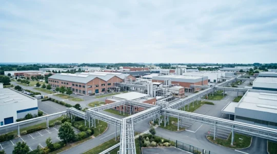 Vue aérienne d'une zone d'activité industrielle française avec réseaux de tuyauteries et synergies entre bâtiments illustrant l'écologie industrielle