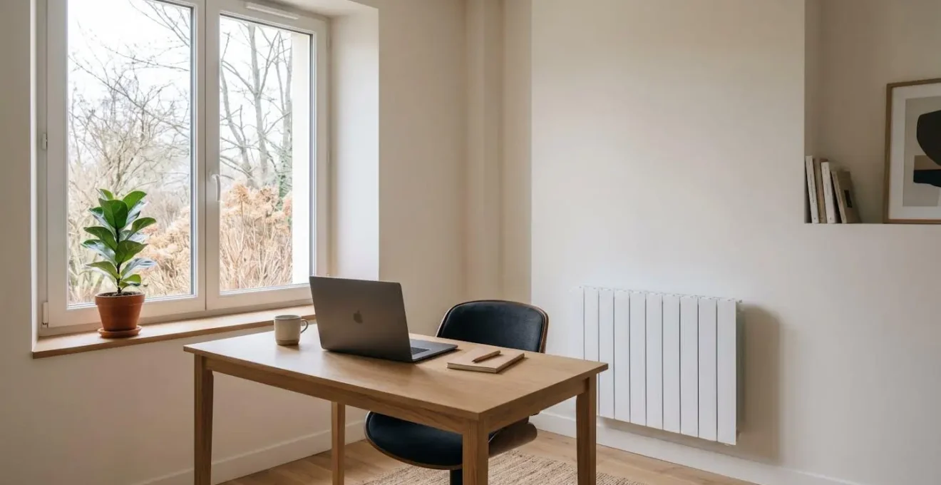 Espace de télétravail moderne à domicile avec écran d'ordinateur et radiateur électrique, évoquant la gestion de l'énergie