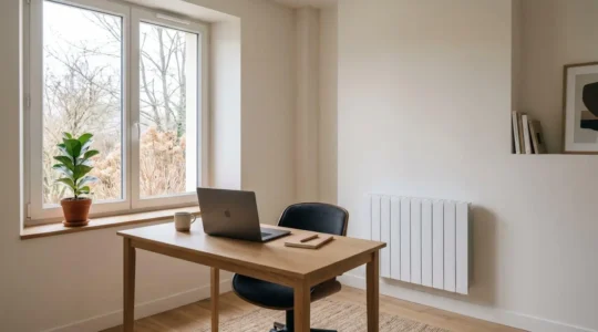 Espace de télétravail moderne à domicile avec écran d'ordinateur et radiateur électrique, évoquant la gestion de l'énergie