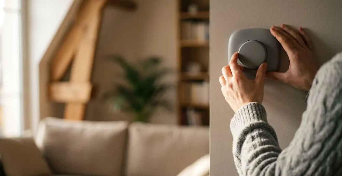 Personne contrôlant le chauffage de sa maison via un thermostat moderne dans un intérieur contemporain