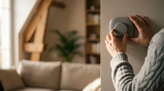 Personne contrôlant le chauffage de sa maison via un thermostat moderne dans un intérieur contemporain