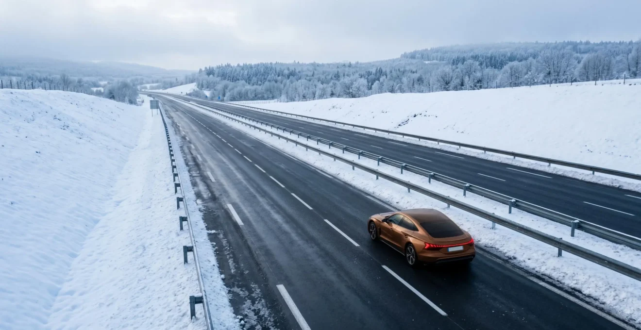 Voiture électrique moderne roulant sur autoroute française enneigée en hiver avec paysage minimaliste