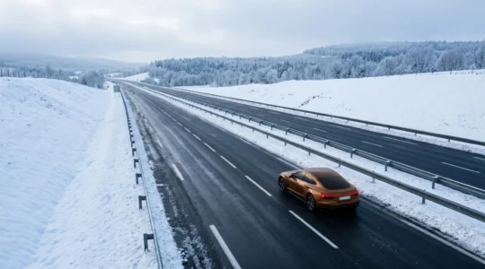 Voiture électrique moderne roulant sur autoroute française enneigée en hiver avec paysage minimaliste