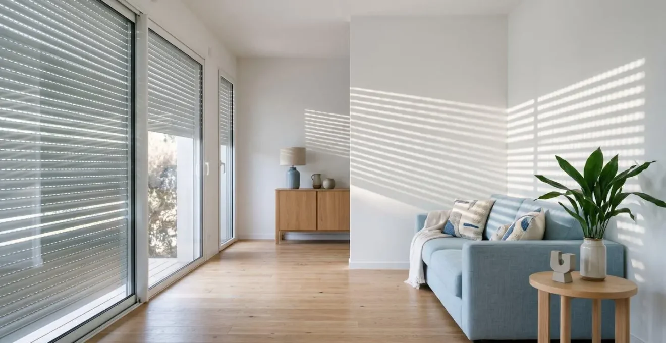Intérieur de maison moderne avec volets roulants fermés pendant la canicule, lumière tamisée et ambiance fraîche préservée