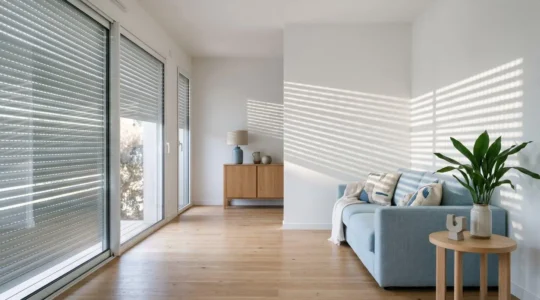 Intérieur de maison moderne avec volets roulants fermés pendant la canicule, lumière tamisée et ambiance fraîche préservée